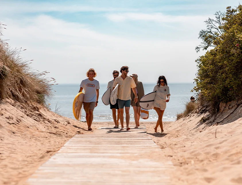 Vänner med surfbrädor på väg till stranden genom sanddynerna vid Falkenberg Strandbad