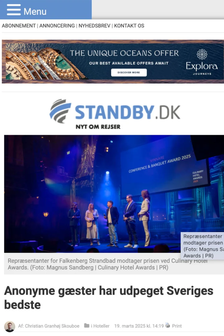 Representanter för Falkenberg Strandbad mottar prisen vid Culinary Hotel Awards ceremoni på scen