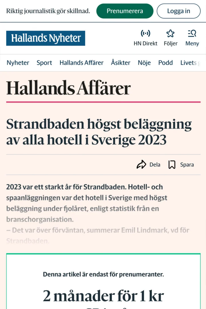 Hallands Nyheter artikel om Strandbaden som Sveriges mest beläggda hotell 2023