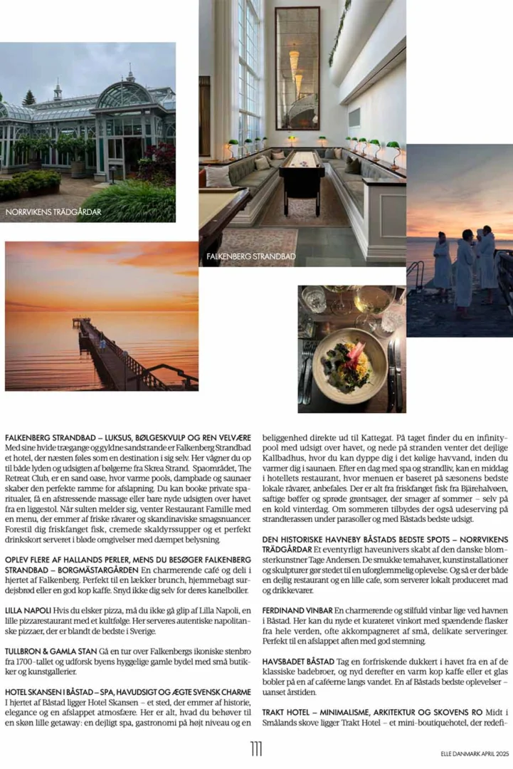 ELLE Danmark artikel om Falkenberg Strandbad med bilder från spa, restaurang och solnedgång vid havet