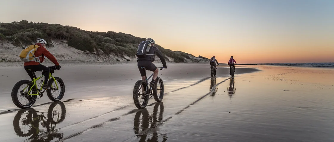 Aktiviteter konferens fat bikes Grupp cyklister på fat bikes längs vattenbrynet vid solnedgång på Falkenberg strand